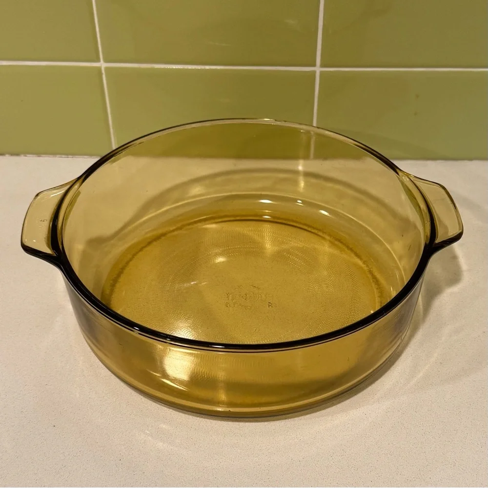 Vintage Pyr-O-Rey Amber Glass Casserole Dish with Tab Handles